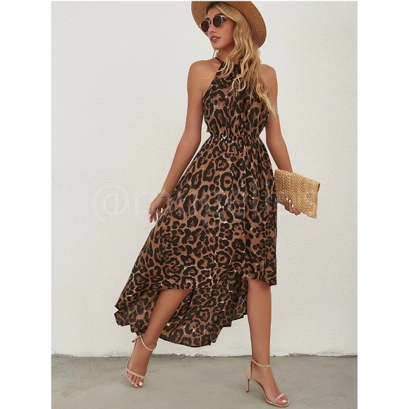 Animal Print Brown Leopard Cheetah Backless Halter Neck High Low Dress Midi - Picture 4 of 8